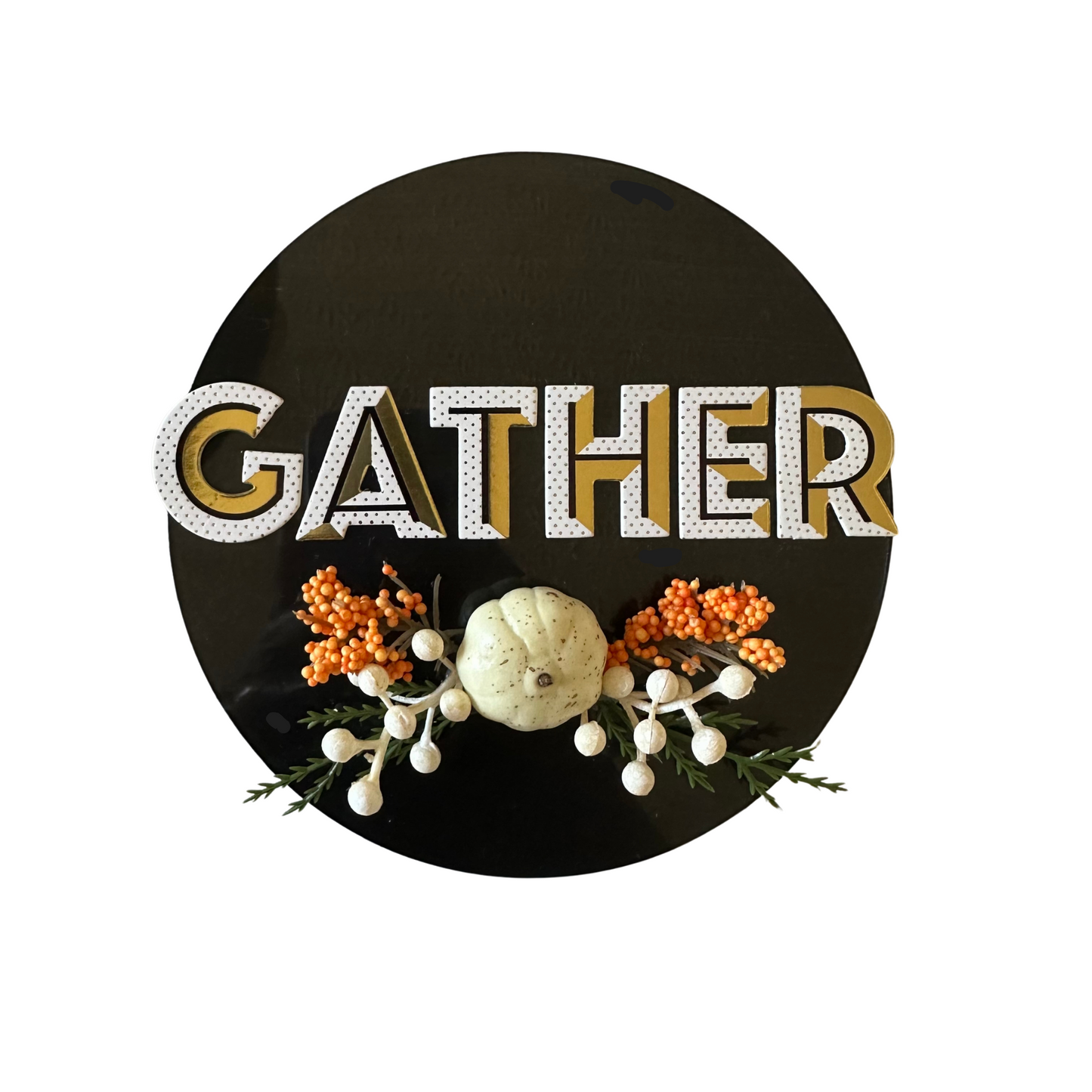 Fall, Thanksgiving Tablescape and Table Setting Decor accented with the word Gather and a color palette of black, white, orange, standalone-no setting