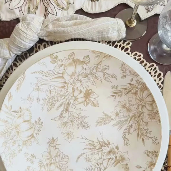 Video of "Thankful" Plate Mates Decor with blinged out bronze, gold, and white pumkpin. 